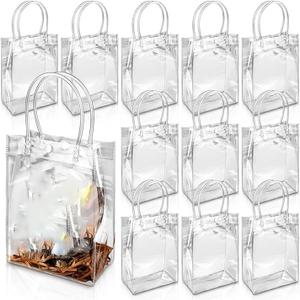 Thsinde 35PCS Clear Plastic Gift Bags Bulk - 5.9x6.3x2.8 Inch Reusable Party Favor Bags with Handles & Ribbon, Transparent Goodie Bags for Weddings, Birthdays, Baby Showers, Christmas