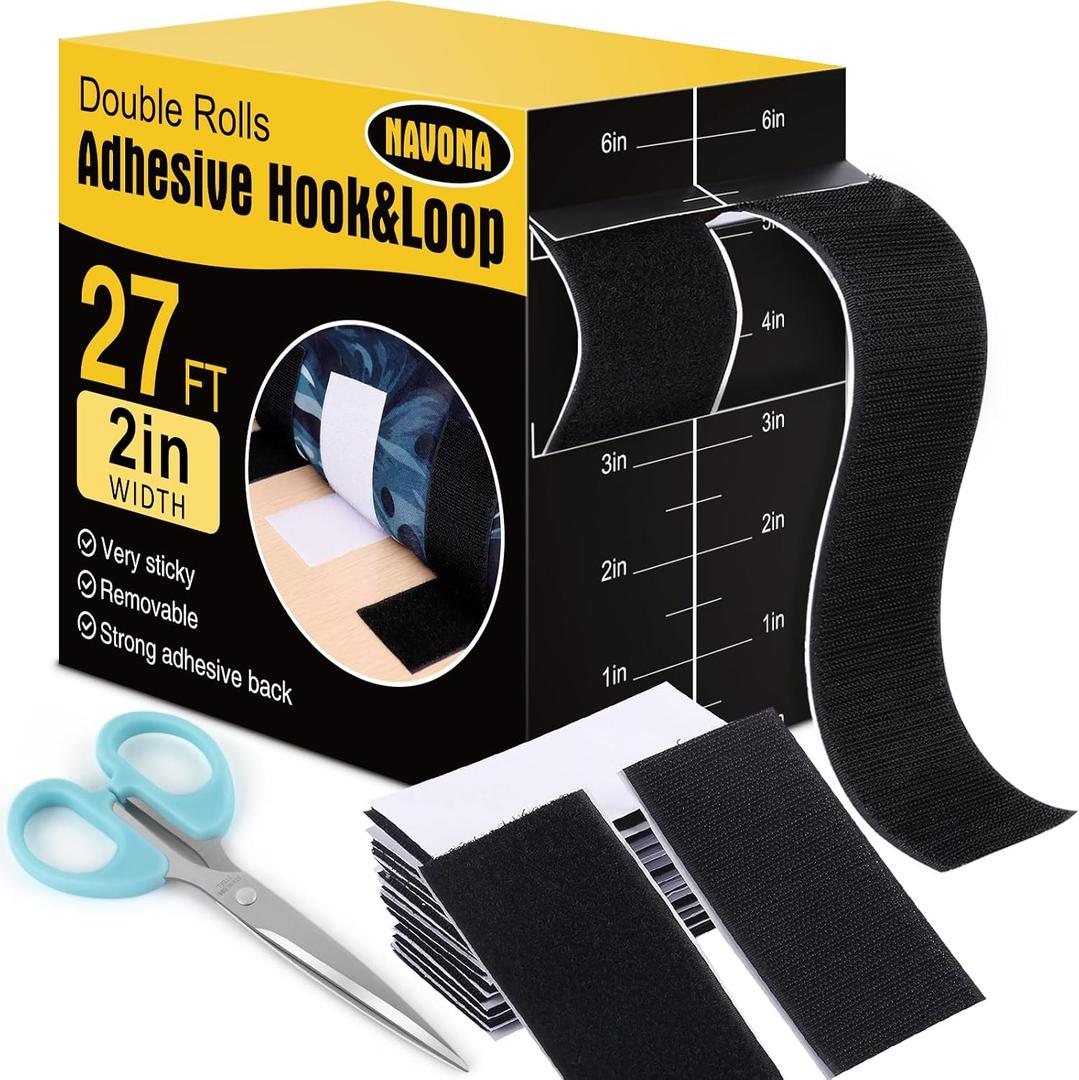 Navona 27Ft x 2 Inch Hook and Loop Strips with Adhesive, Heavy Duty Self Adhesive Tape with Back, Strong Sticky Back Fastener Roll for Home, Office, School, Crafting, Black