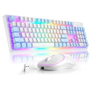 MageGee V550 Wireless Gaming Keyboard and Mouse, 2.4G Full-Sized RGB LED Computer Keyboards with Transparent Shell, Rechargeable Quiet Cordless Mouse & Keyboard Combo for Laptop/PC (Blue & White