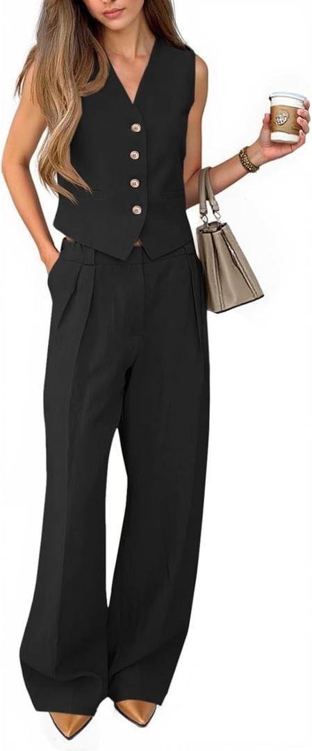 Cicy Bell Womens 2 Piece Outfits V Neck Crop Vest and Wide Leg Pants Suit (Black, M)