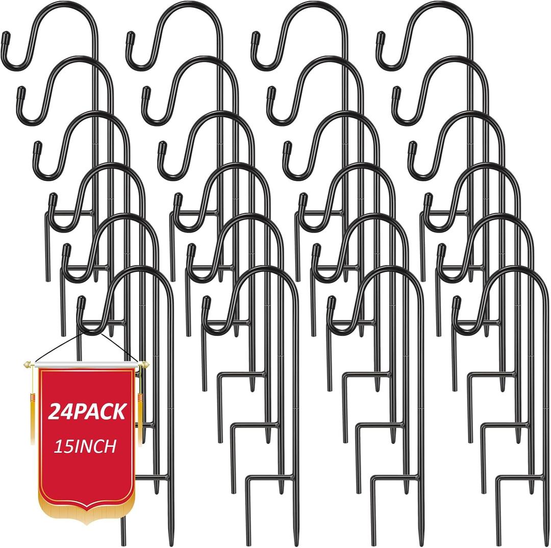 Hicarer 24 Pack 15 Inch Shepherds Hooks Outdoor Plant Hanger Hook Metal Black Garden Bird Feeder Pole for Hanging Solar Lanterns Flower Basket Jars Christmas Lights Wedding Decor