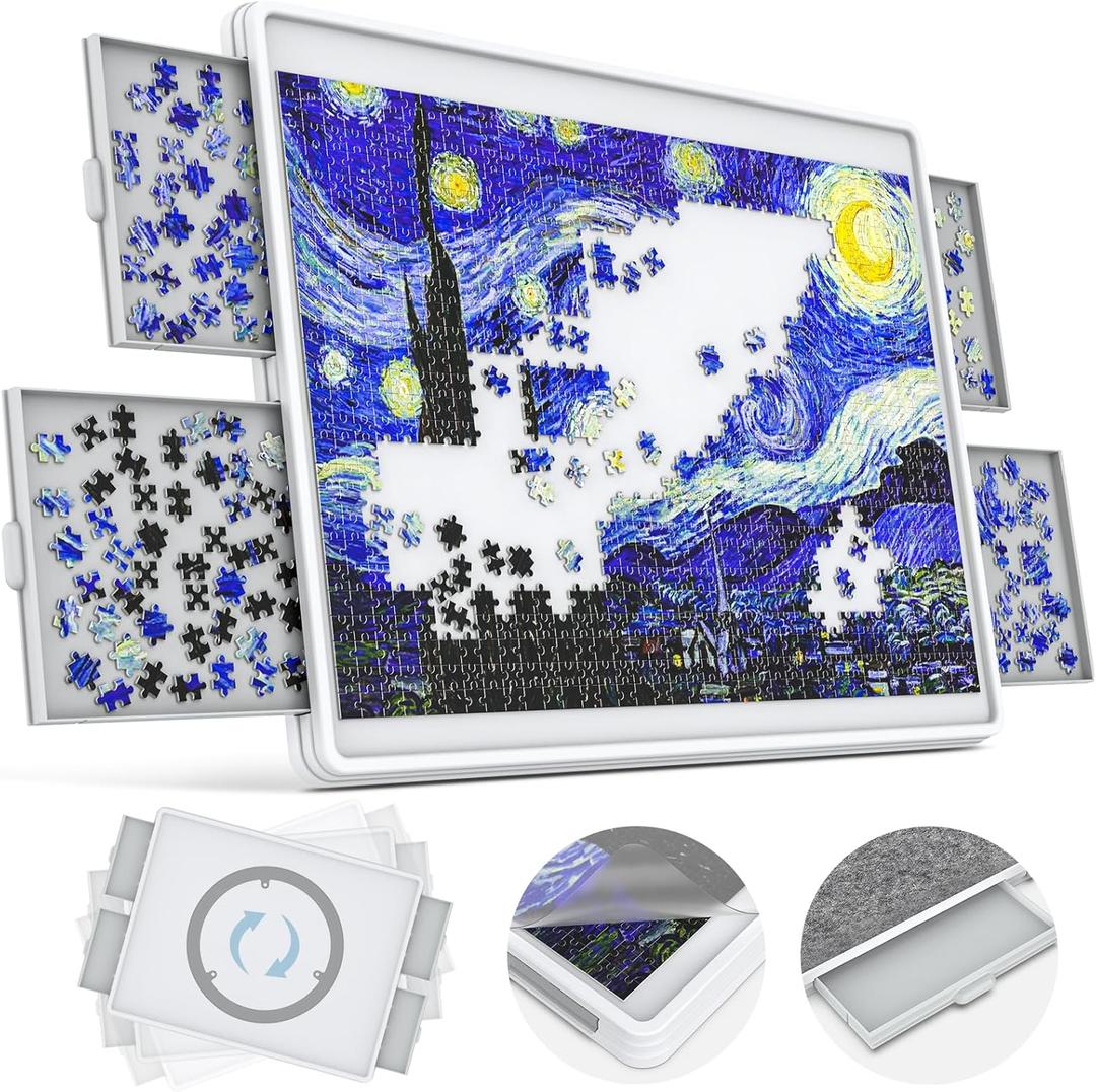 1500 Piece Rotating Puzzle Board 4 Drawers and Cover, 35"x28" Double Sided Felt Mat Portable Jigsaw Puzzle Table with Lazy Susan Spinning for Adults and Kids