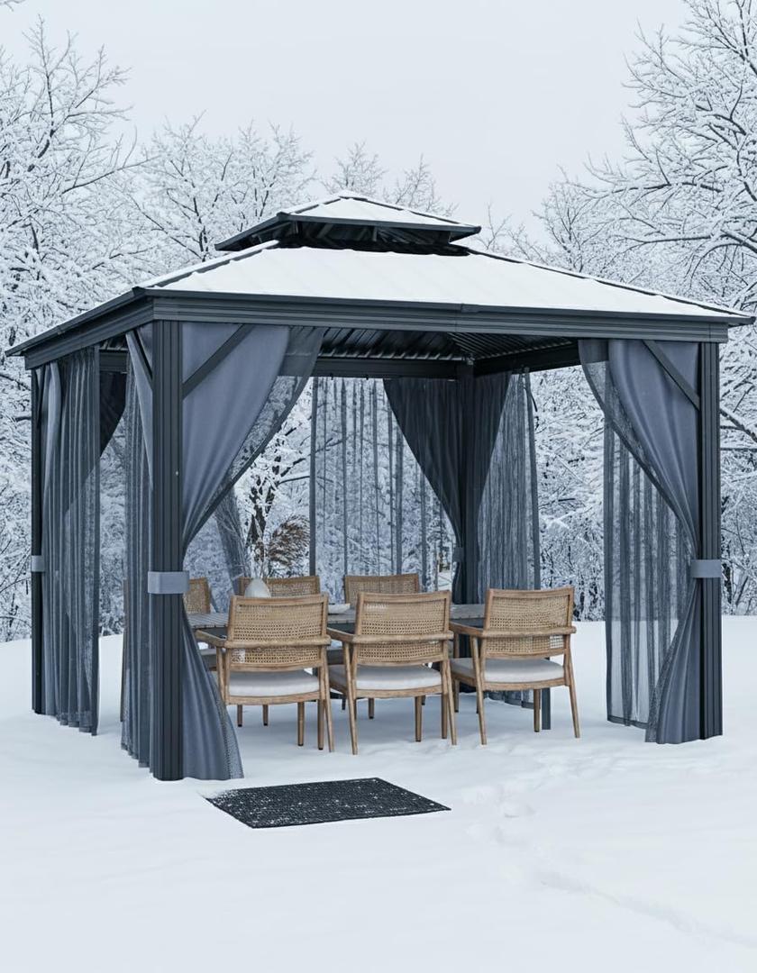 GarveeLife Hardtop Gazebo 8 ft x8 ft for All Weather, with Double Metal Roof, Aluminum Alloy Frame, Net, and Curtain, Permanent Building for Patio, Deck, Backyard, Lawn, and Garden (Gray)