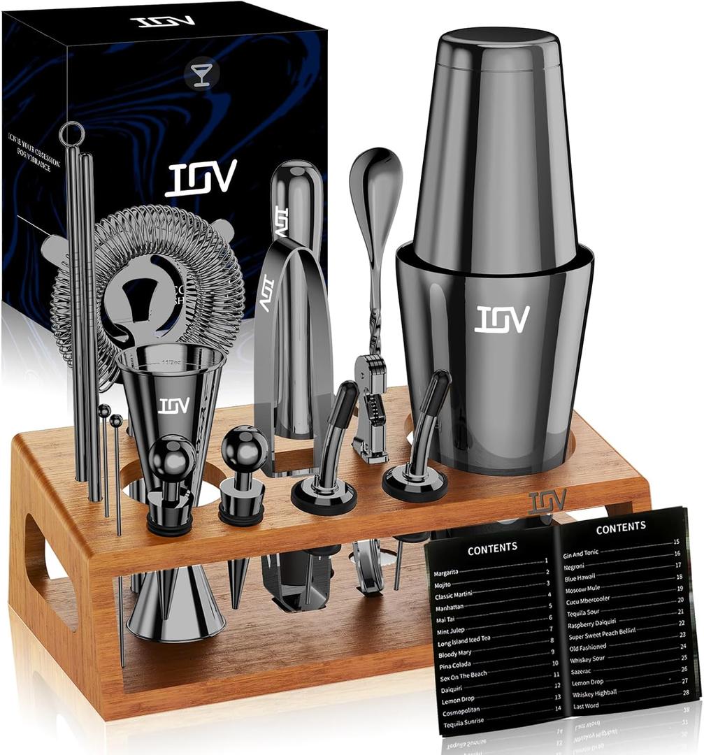 IOV Mixology Bartender Kit Bar Set with Stand | 17-Piece Cocktail Shaker Set | 28oz Boston Shaker Drink Mixer Set with All Essential Accessory Tools | Fun Housewarming Gift (Black)