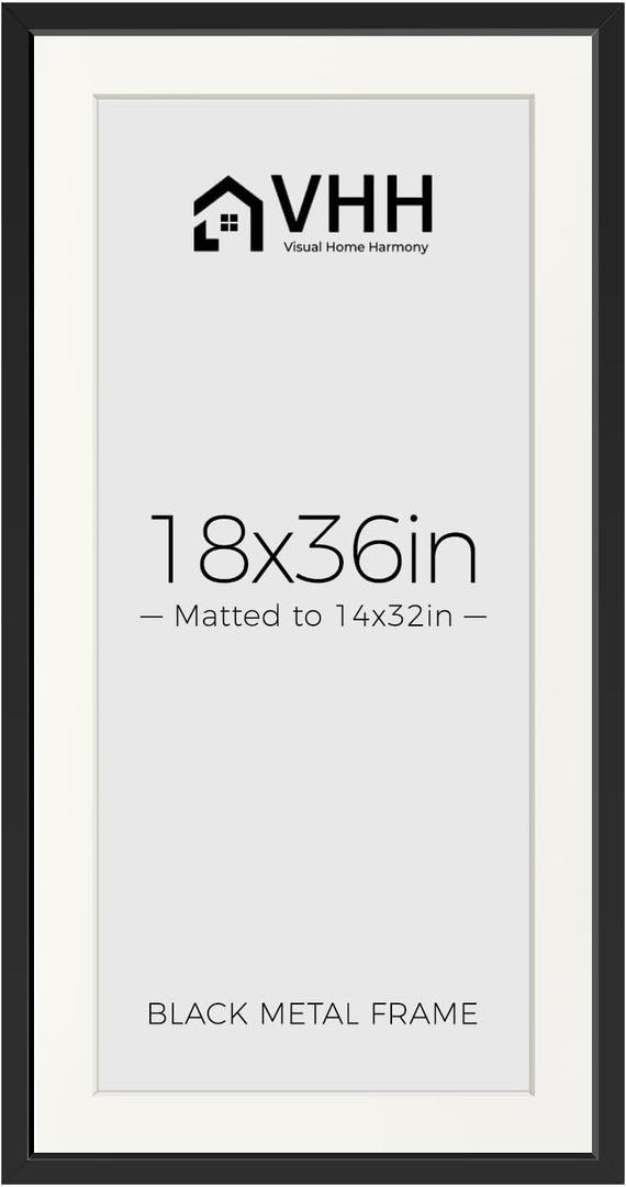 VHH 18x36 Picture Metal Frame with 14x32 Mat,Tempered Glass,Wide Edge, 18x36-1pc-Tempered Glass