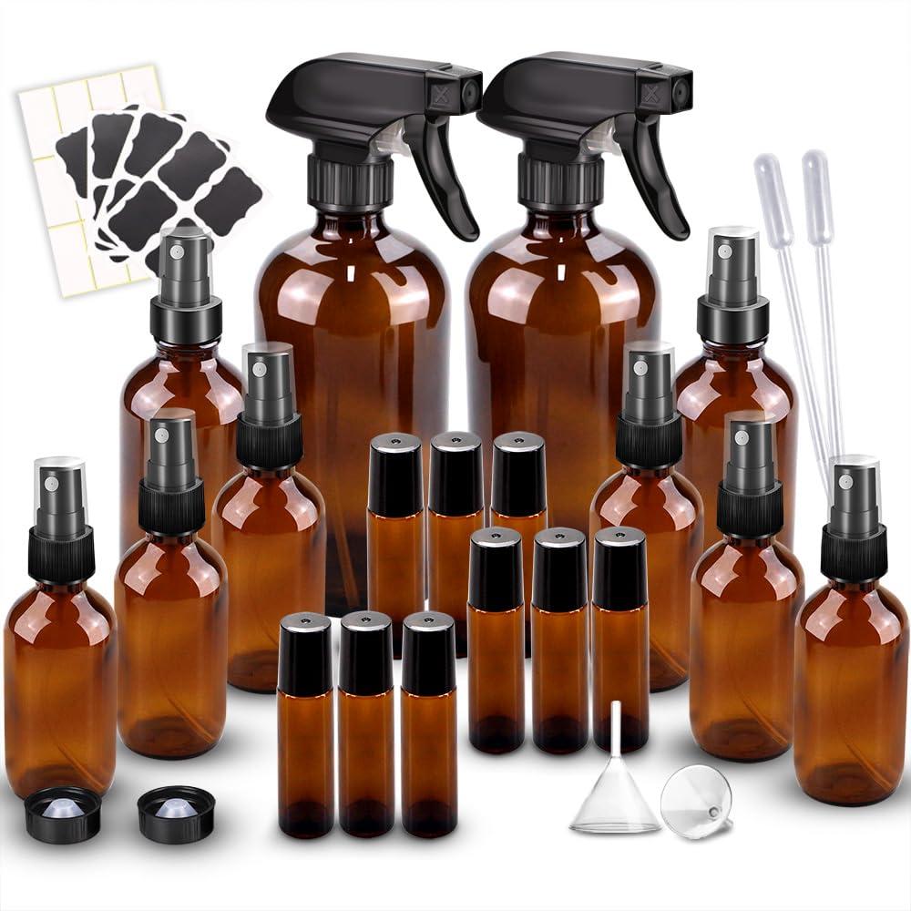 Glass Spray Bottle Kit10 (216oz, 24oz, 62oz), 910ml Roller Bottles, Anti UV, Multi Size and Versatile, Suitable for Aromatherapy, Facial Moisturizing, Watering, etc.(Amber)
