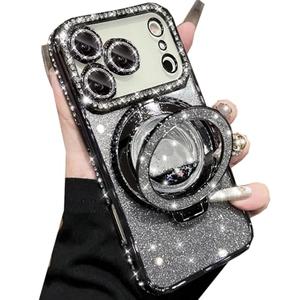 Changjia Glitter Kickstand Case for iPhone 17 Pro Max,Cute Bling Sparkly Diamond Rhinestone with Camera Lens Protector Liquid Flowing Ring Stand TPU Bumper Women Girls Case for iPhone 17 Pro Max,Black