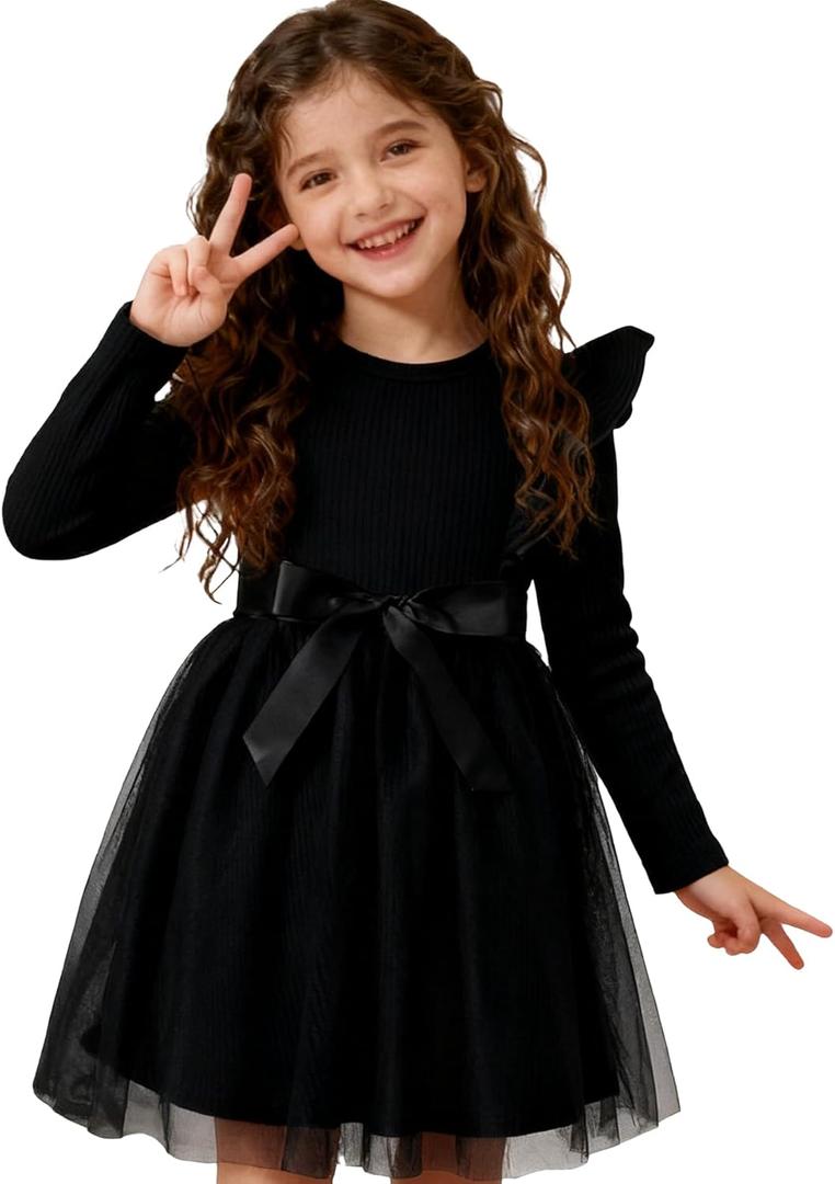 Magic Park Toddler Tulle Dress Girl Long Sleeve Tutu Dress Kids Ribbed Dresses Holiday Birthday Outfits Girls (4-5T, Black)