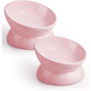 LoeJan Elevated Cat Food Bowl, 5 Oz Ceramic Raised and Tilted Water Bowl, Anti Vomiting and Protect Pets' Spines Dishes for Small Dog, Fat Faced Cat, Kitten (Pink, 2 Pack)