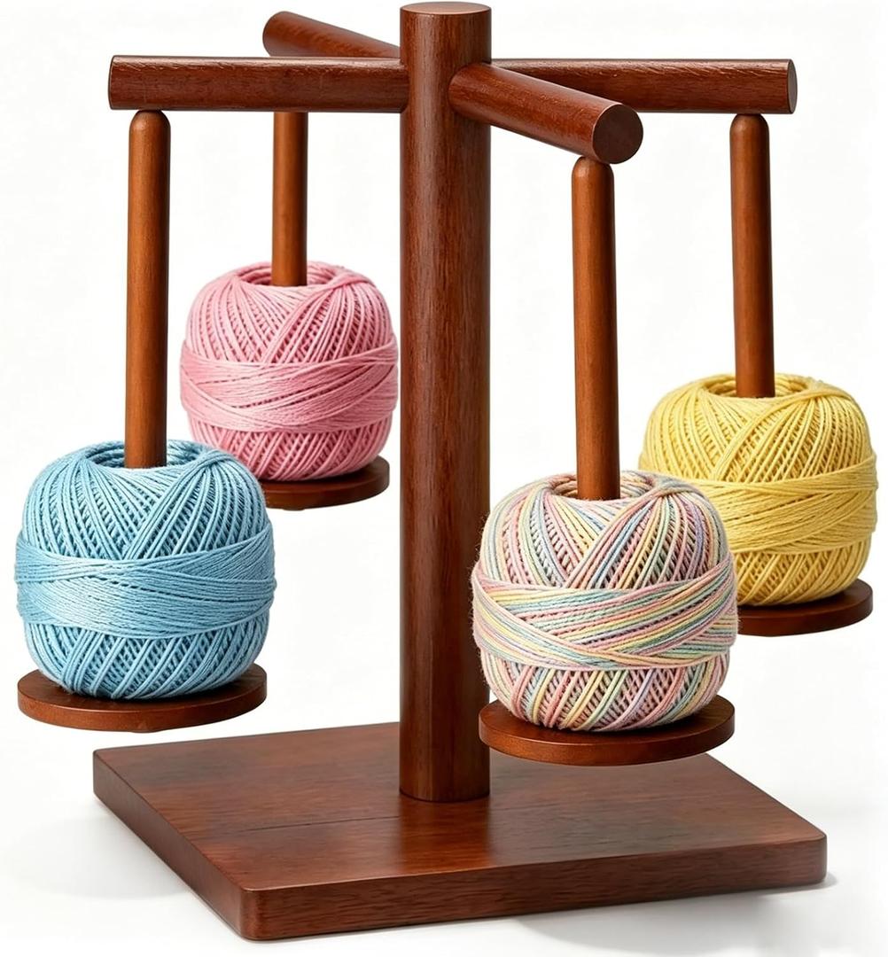 OYPGUE Upgraded Yarn Holder for Crocheting, Yarn Spinner with 4 Spindles Magnetic Rotating Anti-Tangle for Multi-Color Crochet, Fair Isle, Tapestry & Colorwork Projects (Brown)