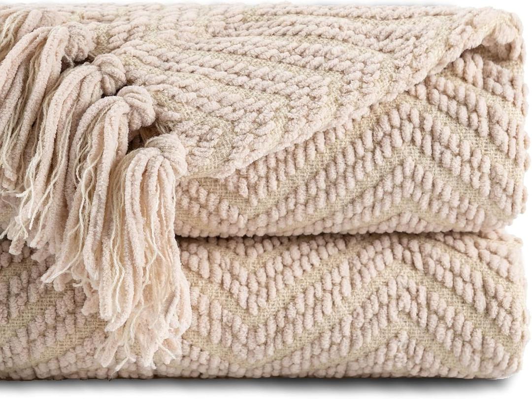 BATTILO HOME Beige Throw Blanket for Couch, Knitted Beige Throw for Bed, Neutral Throw Blankets Tan Throw Blanket for Room Decor Housewarming Gifts, 50" x 60"