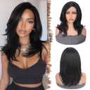 Natural Black Wig for Women  Side Part Layered Straight Wig with Lace Front, Realistic Hairline & Soft Yaki Fiber, Lightweight Natural Look - Natural Black, 14 Inch