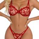 Lilosy Sexy Underwire Cute Push Up Strappy Embroidered Mesh Sheer Lingerie Set See Through Panty Bra (Medium)