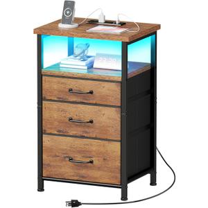 Nightstand with Charging Station, LED Night Stand with Drawers (Fabric), Bedside Table with Open Shelf, End Table with Steel Frame, 3 Drawer Dresser for Bedroom, Small Space, Rustic Brown