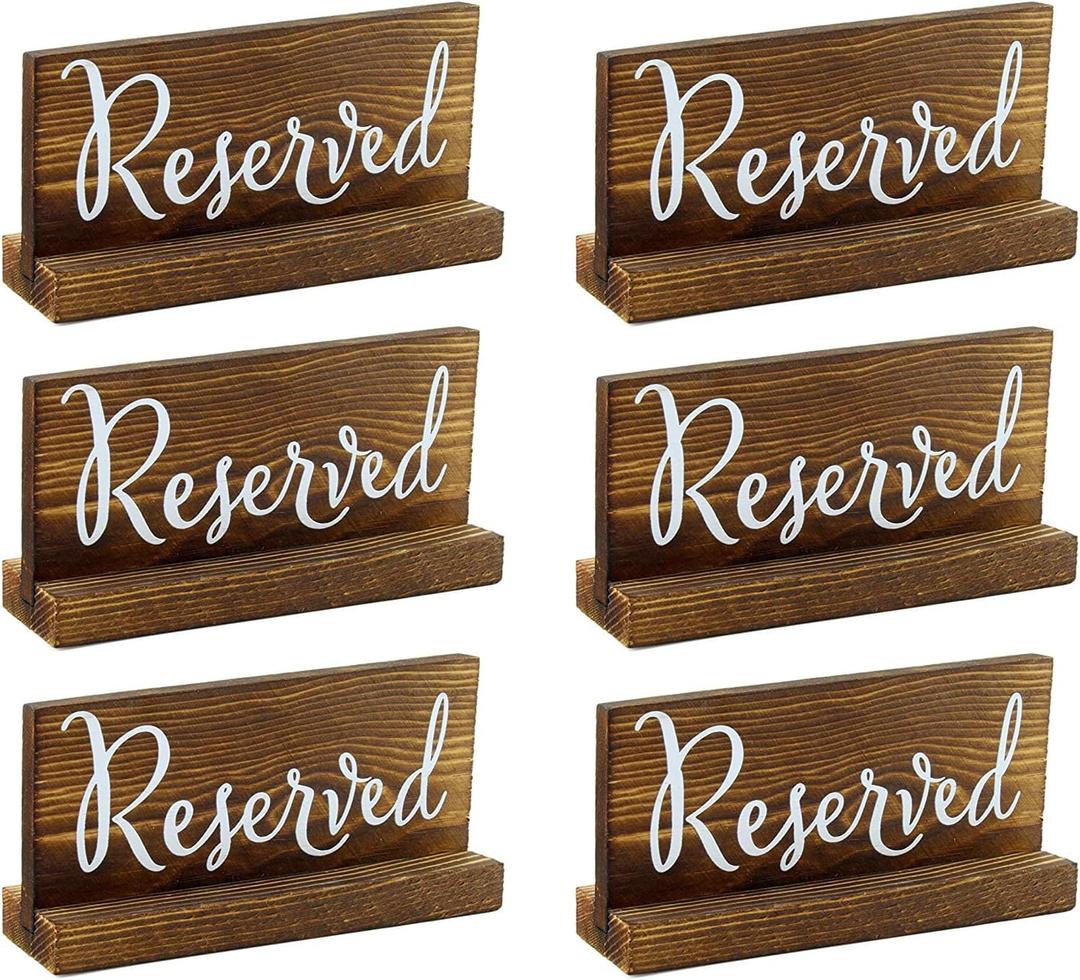 Darware Wooden Reserved Signs for Tables (6-Pack, Brown); Rustic Real Table Signs with Sign Holders for Weddings, Special Events, and Restaurant Use