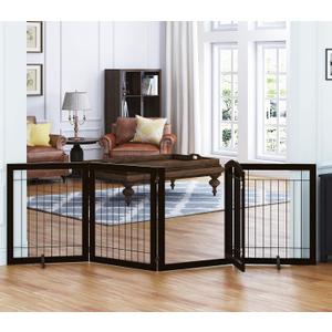 SPIRICH 96-inch Extra Wide 30-inches Tall Dog Gate with Door Walk Through, Freestanding Wire Pet Gate for The House, Doorway, Stairs, Pet Puppy Safety Fence, Support Feet Included (Espresso)