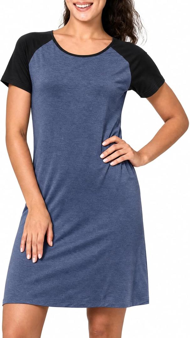 BAMBOO COOL Nightgowns for Women Short Sleeve Sleepshirt Soft Night shirts Pajamas Dress Casual Sleepwear (Blue, L)