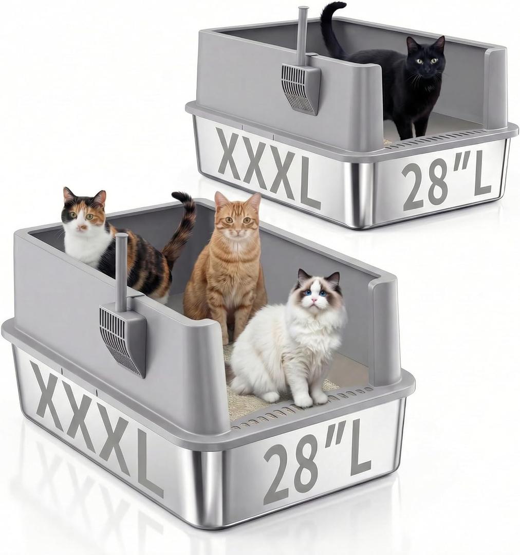 Jotesnew 2 Pack 28" Extra Large XXXL Stainless Steel Cat Litter Boxes with Lid Metal Cat Litterbox Pan for Big Cats and Multiple Cats, Anti-Leakage, Easy Cleaning, Include Scoop