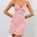 Women Sequin Sleeveless Mini Dress Sparkly Backless Strappy Short Dress Sexy Glitter V Neck Cami Dresses Party Club (Pink, S)