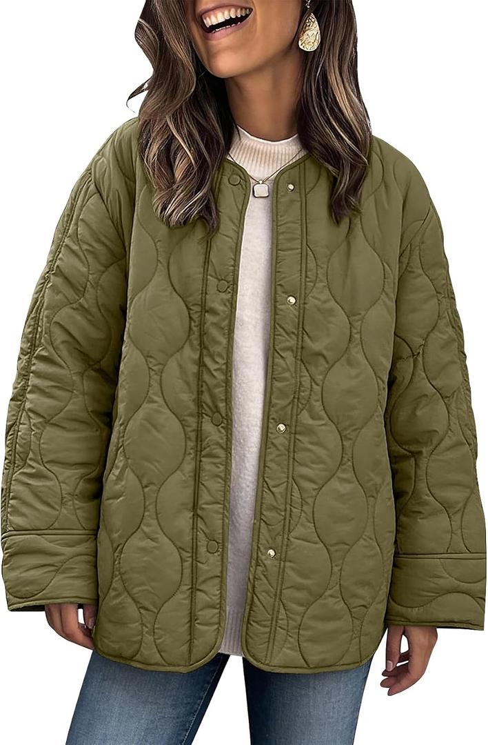 PEHMEA Women's Oversized Lightweight Quilted Jacket Button Down Fall Winter Coats Puffer Padded with Pockets, S