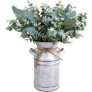 Winlyn Artificial Eucalyptus Stems in Rustic Metal Milk Can Vase Faux Plants Eucalyptus Leaves Stems with White Seeds Greenery Arrangement 13.4" Tall for Farmhouse Home Wedding Table Centerpiece Dcor