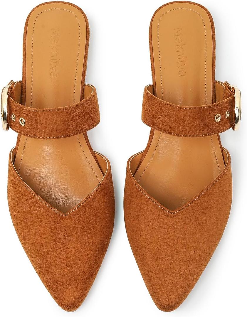 Meknitva Pointed Toe Mules for Women, Adjustable Strap Backless Loafers in Synthetic Suede, Dressy Casual Slip-On Flats Brown, 7.5