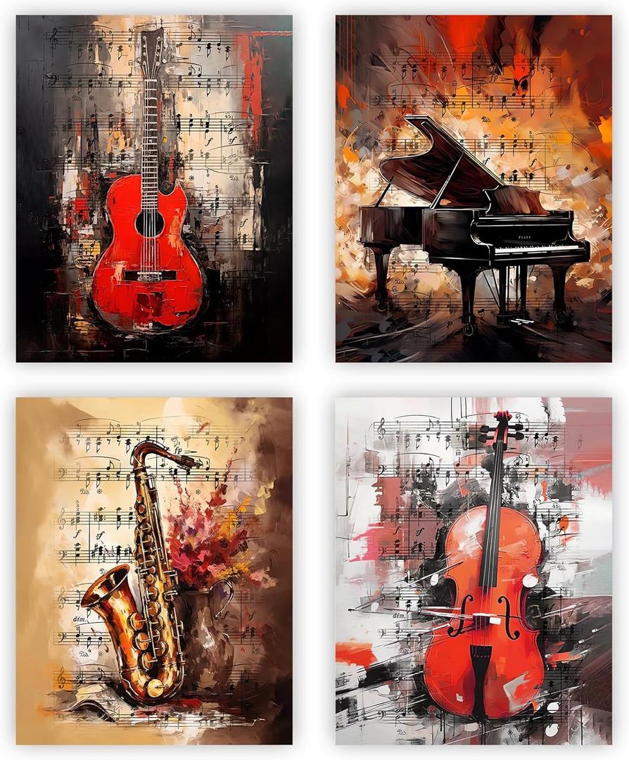 NIIORE Vintage Music Themed Wall Art Canvas, Guitar, Piano, Saxophone, Violin Prints for Bedroom Home Decor, Set of 4 - (8x10 Inch, Unframed)