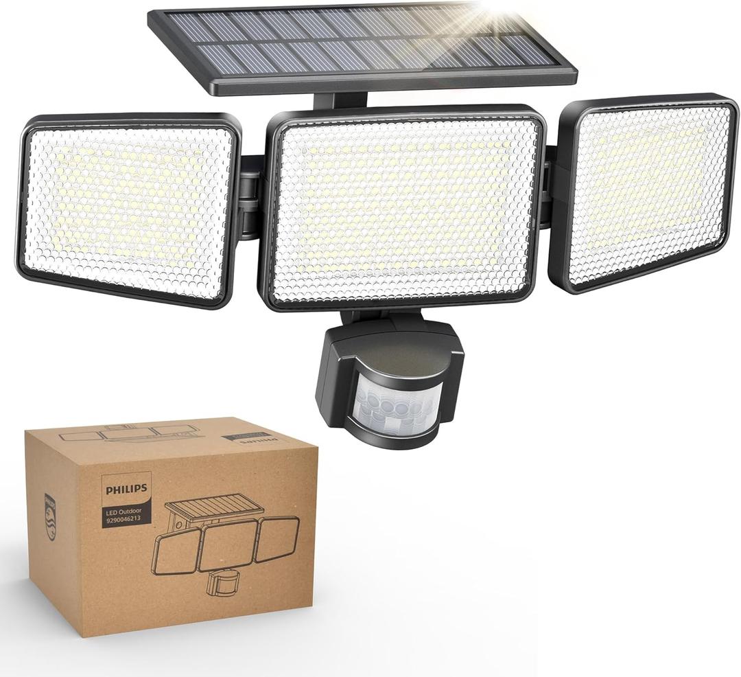 Philips Solar Security Light Outdoor Light 302 LEDs 1200lmSolar-Powered Waterproof Wall-Mounted Flood Light w/PIR Motion Sensor, 3 Heads, IP65 Waterproof, 3 Modes (1 Pack)