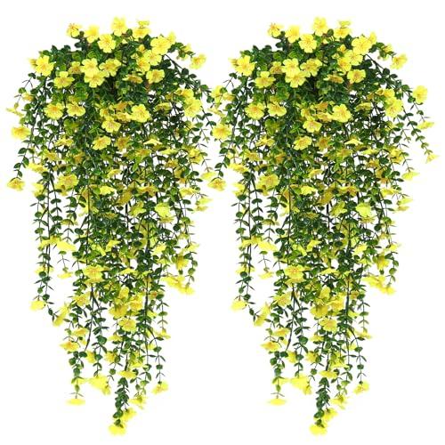 RECUTMS Artificial Hanging Flowers for Outdoors 4 Pcs Fake Mums Plant Decor Realistic Real Touch Silk Flower UV Resistant Trailing Vine Look Real for Yard Porch Patio Garden Balcony (Yellow)