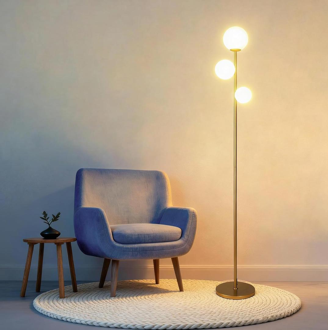 Fiqevs 3 Globe Mid Century Modern Floor Lamp for Living Room, Gold Floor Lamp with Frosted Glass Shade and LED Bulbs, Warm Light Standing Tall Pole Lamp for Bedrooms, Office - Antique Brass