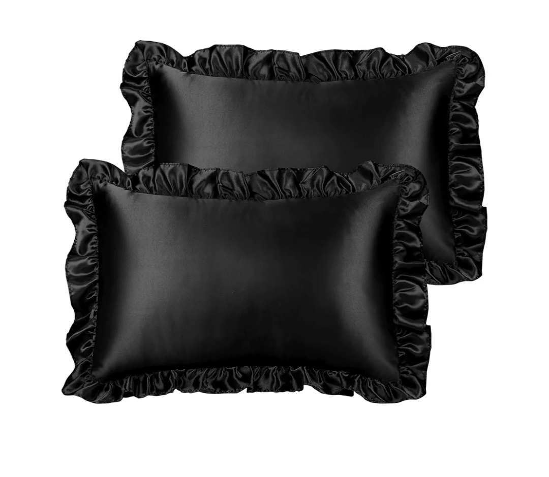 GIGIZAZA Black Lumbar Throw Pillow Covers, 12x20 Decorative Velvet Ruffle Cushion Pillow Covers for Sofa Couch Set of 2