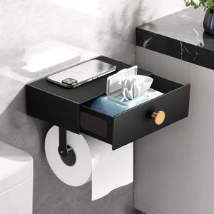 VOLDRA Toilet Paper Holder with Shelf Black Wipes Dispenser for Bathroom Stainless Steel Toilet Paper Holder with Storage Drawer Adhesive Wall Mount Small Bathroom Shelf