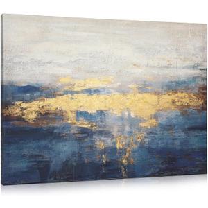 Briful Extra Large Abstract Canvas Wall Art for Living Room & Bedroom - Indigo, White, Gold - 32'' x 24'' (Blue)