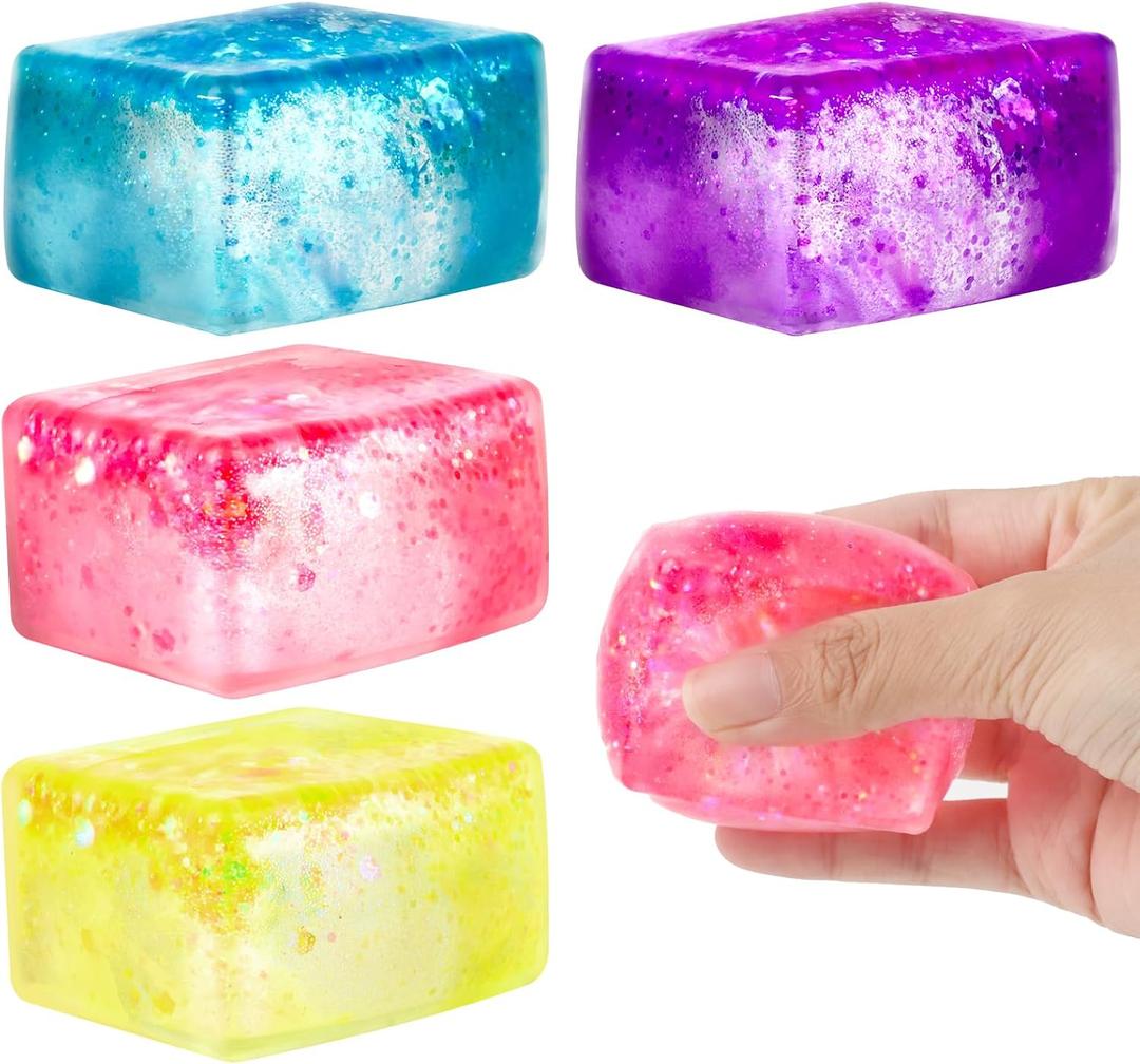 4 Pack Glitter Cube Fidget Toys, Soft Cube Sensory Squishy Fidget Toys Square Squeeze Stress Balls for Kids Adults Anxiety Stress Relief, Classroom Prizes, Birthday Gifts Party Favors
