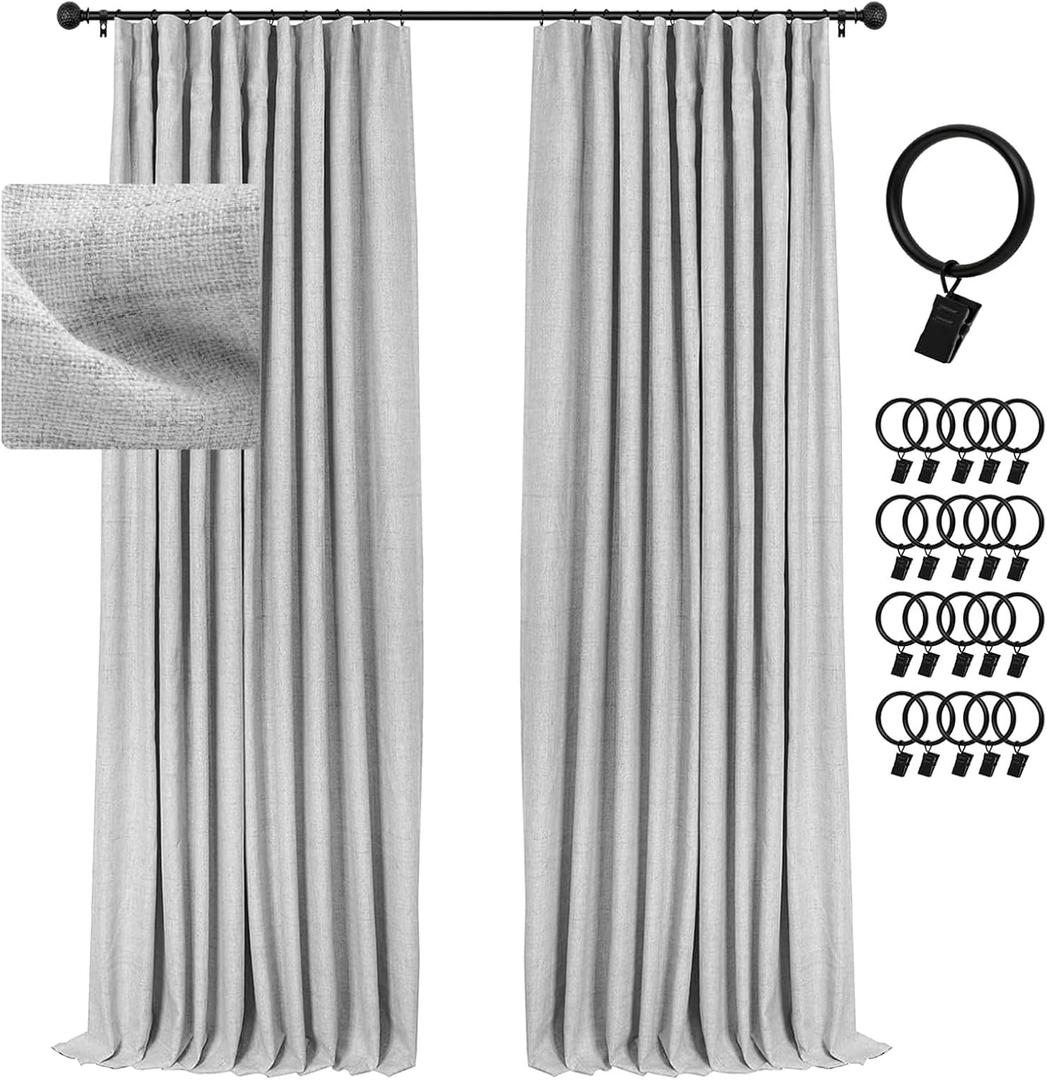 INOVADAY 100% Blackout Curtains for Bedroom, Black Out Curtains 108 Inch Long, Clip Rings Linen Blackout Drapes, Thermal Insulated Room Darkening for Living Room, 2 Panels - Grey, W50xL108