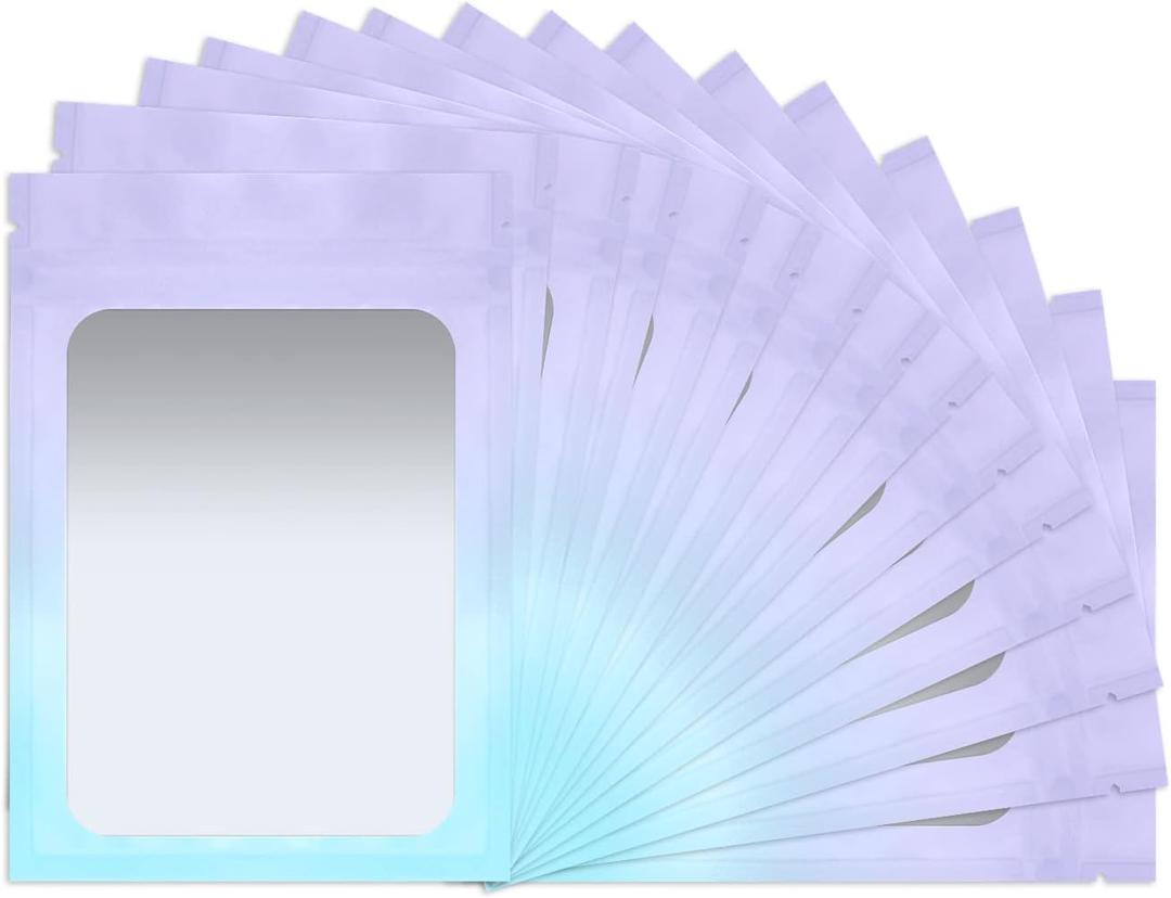 100 Pack Mylar Bags 3 x 4.7 Inch Resealable Smell Proof Bags with Clear Window Foil Pouch Bags Matte Gradient Color (Purple Blue)