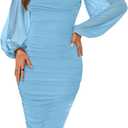 MASCOMODA Women's 2025 Long Puff Sleeve Ruched Midi Bodycon Dress Sexy Mesh Wedding Guest Party Cocktail Dresses (Light Blue, Large)