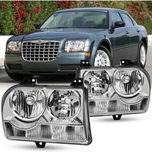 2pcs Headlights Assembly Set For 2005 2006 2007 2008 2009 2010 Chrysler 300 Base Touring LX Sedan Halogen Replacement Headlamps Chrome Housing Clear Reflector Lens Left and Right Side