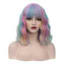 BUFASHION 14" Women Short Wavy Curly Wig Rainbow Bob Wig Cosplay Halloween Synthetic Wigs With Neat Bang Wig With Free Wig Cap (Rainbow 1)