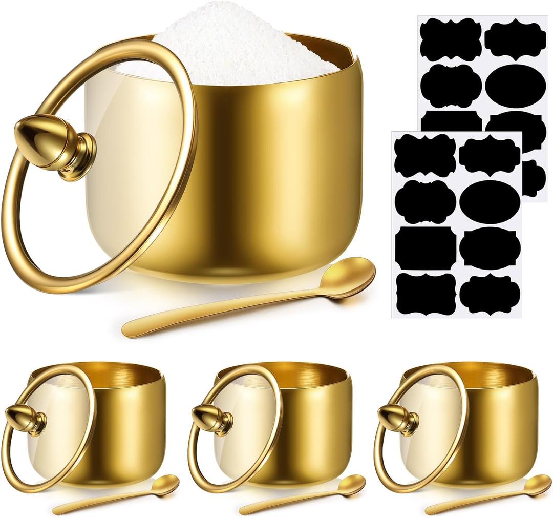 Baderke 4 Pcs 9.8 oz Stainless Steel Sugar Bowl Sugar Container Condiment Dispenser with Lid and Spoon with Tag for Spice Coffee Tea Pepper Herbs(Gold)
