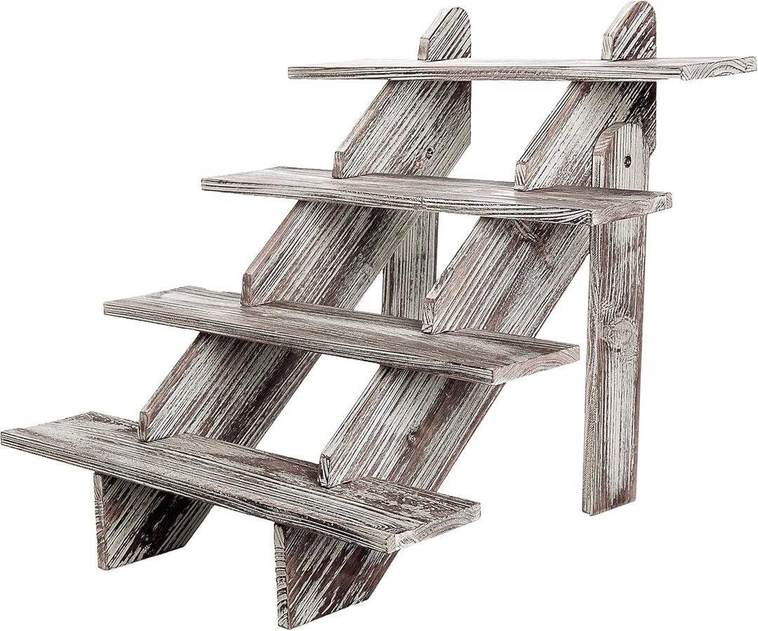 MyGift Rustic Torched Brown Wood Retail Display Riser, Cascading 4-Tier Decorative Merchandise and Cupcake Stair Stand