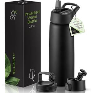 SipX Triple-Insulated Stainless Steel Water Bottle 25oz. With 3 Lids, BPA-Free Reusable Insulated Water Bottle Keeps Cold 24 Hours, Metal Water Bottle Made Of Sustainable Material For Hiking & Biking (Black)