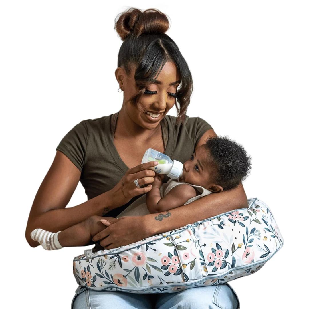 Boppy Uplift Nursing Pillow - Wedge Bottle & Breastfeeding Pillow to Reduce Spit-Up and Reflux Symptoms, with Body-Inclusive Opening and Belt, Baby Safety Alliance Verified - Pink Garden Flowers