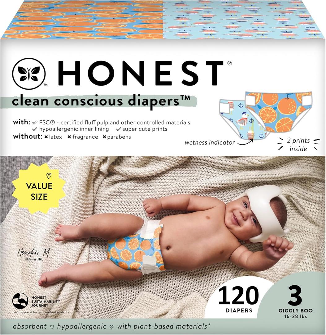 The Honest Company Clean Conscious Diapers for Sensitive Skin | Hypoallergenic, Fragrance Free | Gender Neutral Prints | Super Club Box, Size 3 (16-28 lbs), 120 Count (Prints May Temporarily Vary) (Orange You Cute + Feeling Nauti)