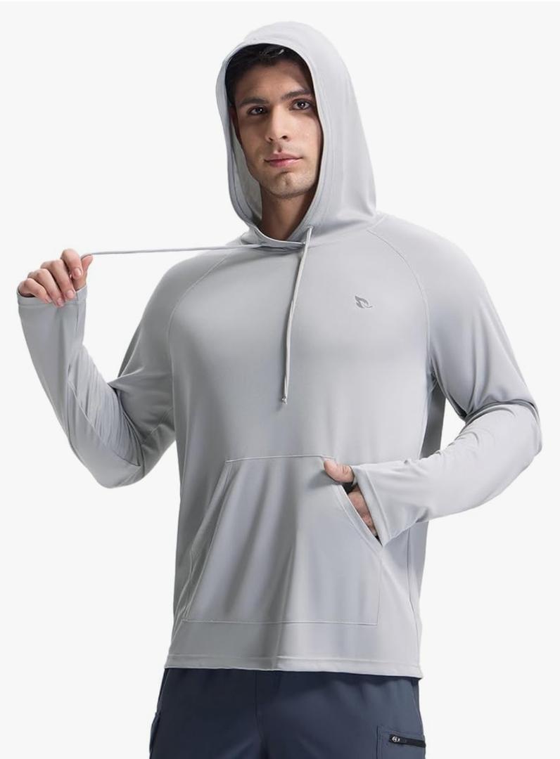 baleaf Swim Shirts Men Rash Guard Long Sleeve Sun Protection Hoodie UV Lightweight Athletic Running with Kangaroo Pocket Light Gray S