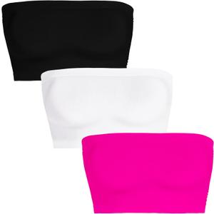 Womens Tube Tops Summer Bandeau Casual Crop Top Going Out Strapless Tank Basic Short Shirt (One Size-Small, 3 Pieces Black,white,neon Pink)