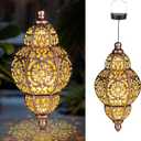 Hanging Solar Lanterns,Outdoor Garden Decor Solar Lantern Metal Moroccan Yard Art Gardening Decorative,Outside Hanging Lights Christmas Decorations for Gazebo Patio Chandelier Garden Gift (Gold)