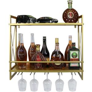 Metal Multipurpose Shelf Hung Bracket 24.2in, Gold Racks Wall Mounted with Glass Holder, 2-Tiers Wall Mount Bottle Holder Glass Rack