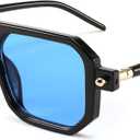 FEISEDY Vintage Square 70s Flat Aviator Sunglasses Women Men Classic Retro Stylish Frame UV400 Sunglasses B2622 (006 Black Frame & Blue Lens)