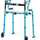 Health Line Massage Products 4 in 1 Folding Walker with Detachable Seat, Width Adjustable Folding Walkers with 5” Wheels and Extra 2 Skis, Compact Adults Walker for Seniors Support Up to 350lbs